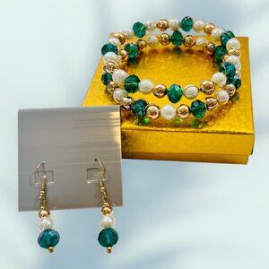 2 Faux Pearl Rhinestone Wrap Bangle Bracelets & Earrings GIFTS UNDER $20